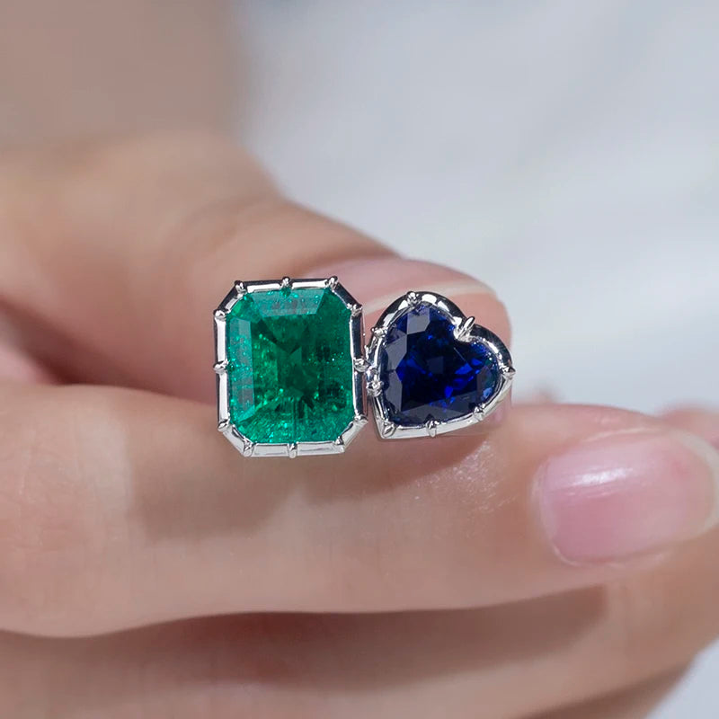 Messi Jewelry  MSR-1170 18K White Gold Lab Sapphire Lab Emerald Gemstone Custom Rings