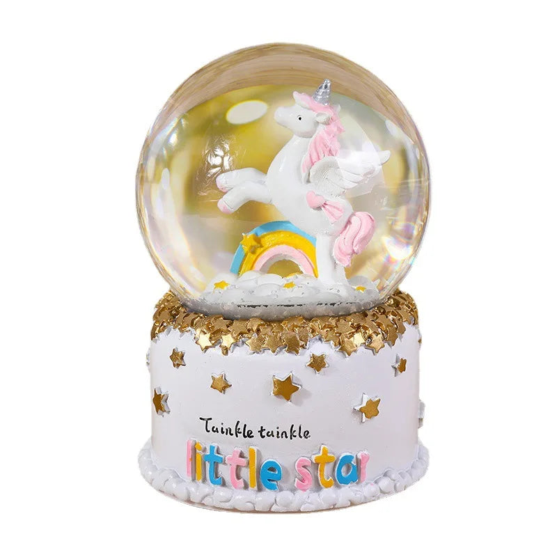Snowflake Resin Crafts Desktop Decoration Ornaments Gift unicorn Crystal Ball With Light Music Box