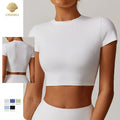CNSHELL Custom Logo Nylon Ribbed Tight High Elastic Basic Short Sleeve Yoga Workout Gym Fitness Sports Crop Top