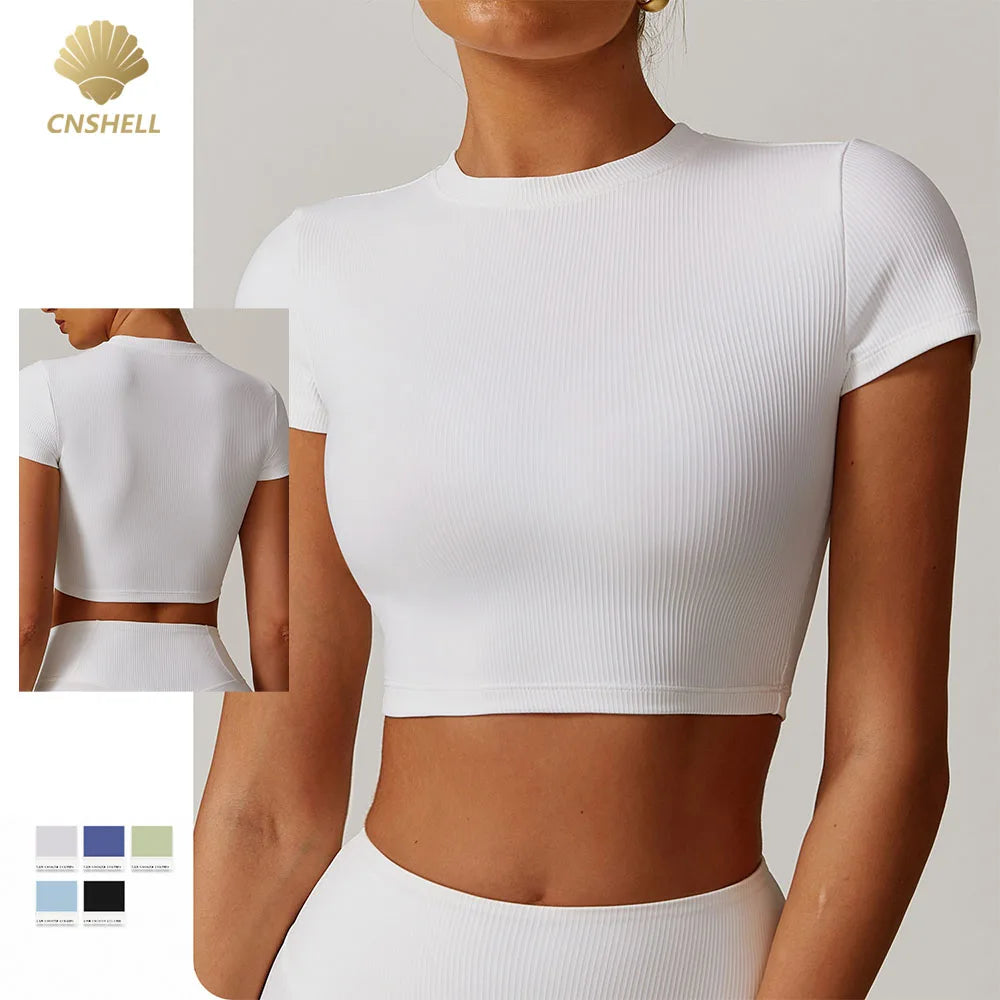 CNSHELL Custom Logo Nylon Ribbed Tight High Elastic Basic Short Sleeve Yoga Workout Gym Fitness Sports Crop Top