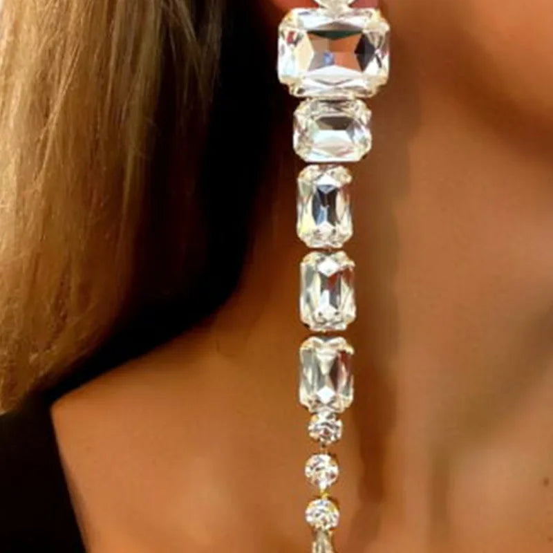 Kaimei 2022 Earrings Popular Fashion Gem Wind Tassel Earrings INS Wind Temperament Rhinestone Silver Long Crystal Drop Earrings