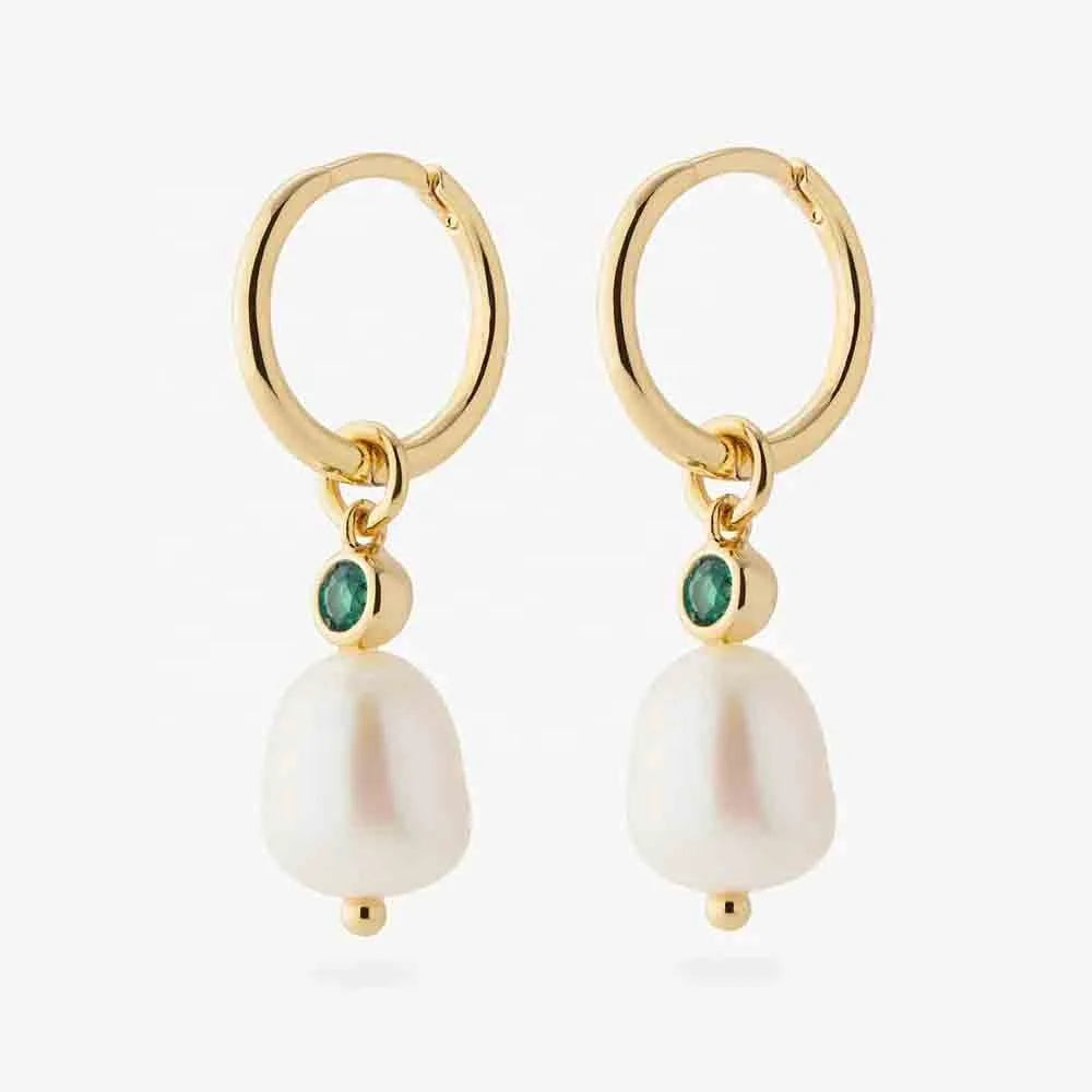 LOZRUNVE Classic Emerald Gemstone Baroque Pearl Drop Huggie Earring Sterling Silver 925