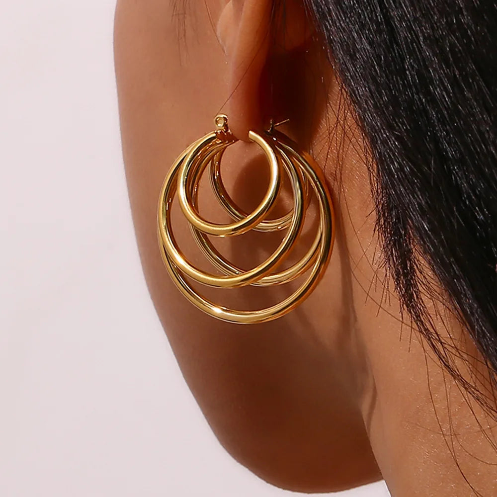 Stainless Steel Jewelry 18K Gold Plated Hip Hop Multilayer Wire Line Waterproof Tarnish Free Earring for Women