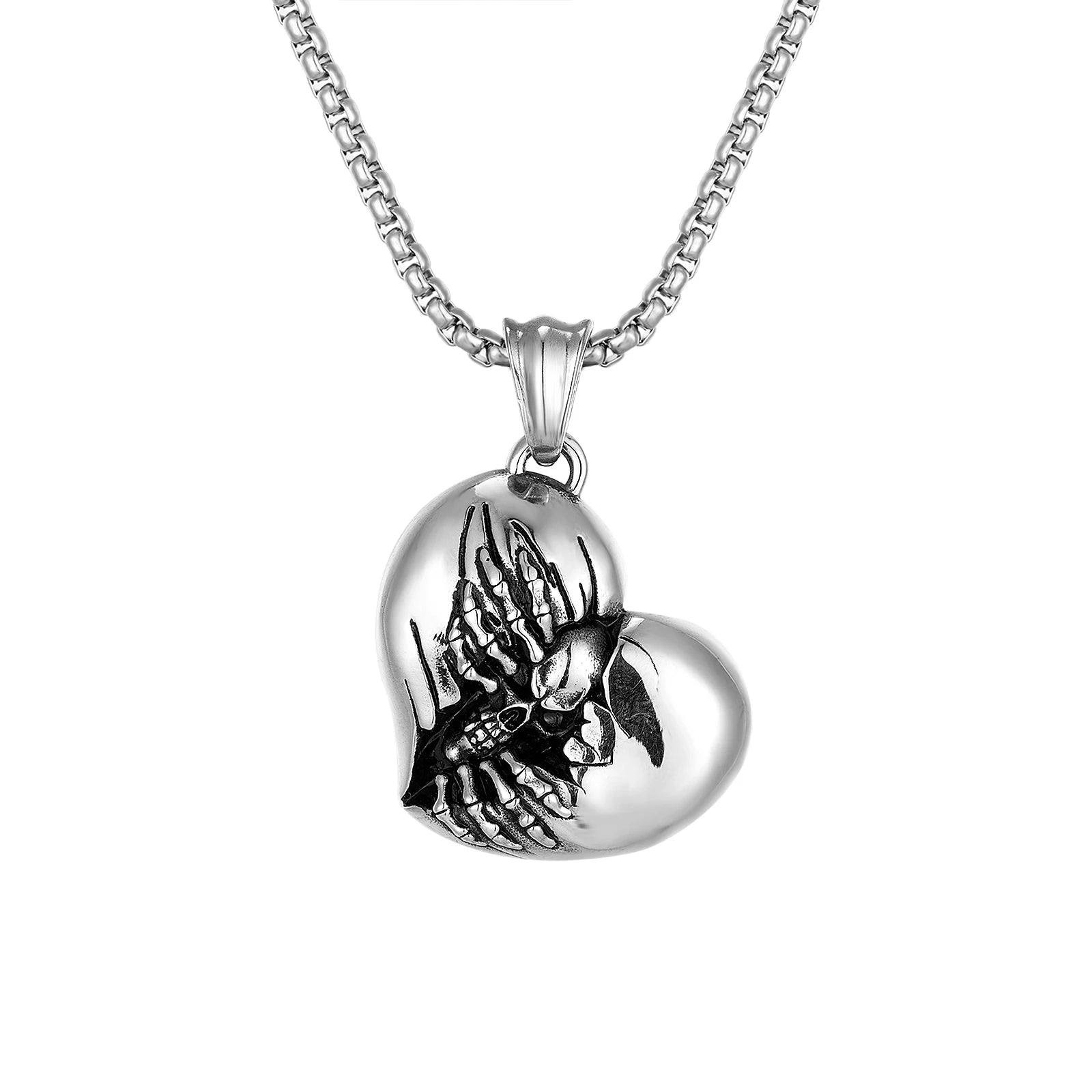 Fashion Men's Jewelry Punk Skull Heart Pendant Silver Stainless Steel Necklace for Man