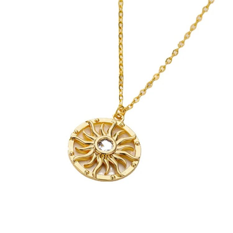 Fashion Fine Gold Plated Jewelry Diamond Sun Flower Round Pendant Necklace