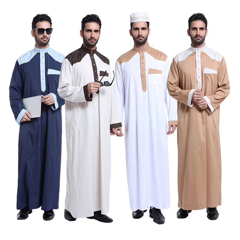 Middle East Islamic Clothing Muslim Men Thobe Thawb Caftan Patchwork Stand Collar Men Robe Long Sleeves Muslim Arab Men Thobe