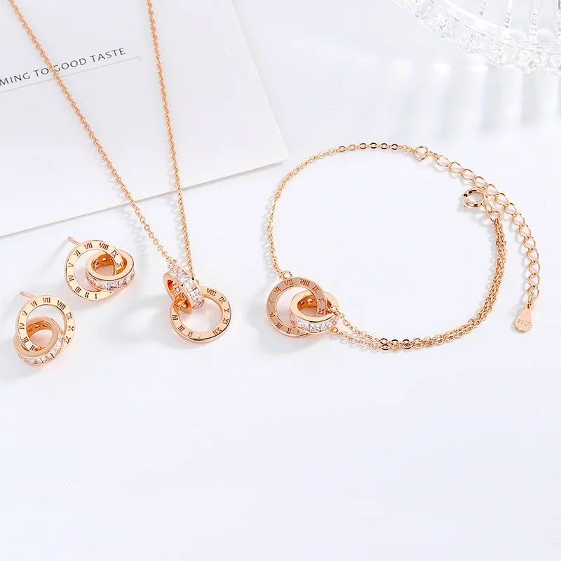 Fashionable 3-Piece Interlocking Rings Necklace Earring 925 Sterling Silver Jewelry Sets Zircon for Women's Party Outfit Gift