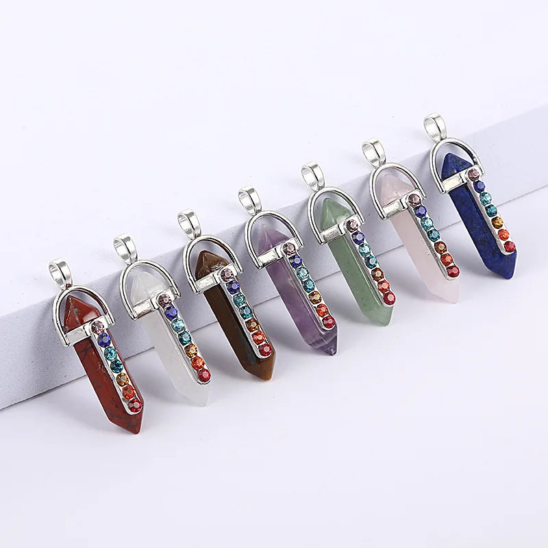 Hexagonal Prism Healing Chakra Beads Crystals Stone Beads Bullet Pendant Necklace with Black Leather Necklace Chain