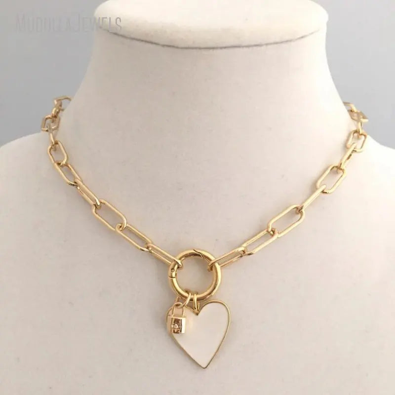 NM35065 Brass Jewelry Spring Clasp Paperclip Chain Necklace Enamel Heart Shape Choker Necklace Gold Plated Minimal Jewelry