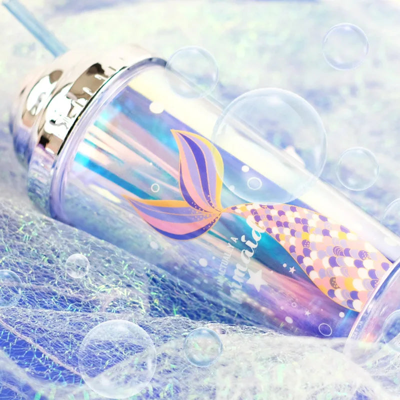 Wholesale Mermaid Mug Tumblers Glitter Plastic Smoothie Cups With Lid and Straw