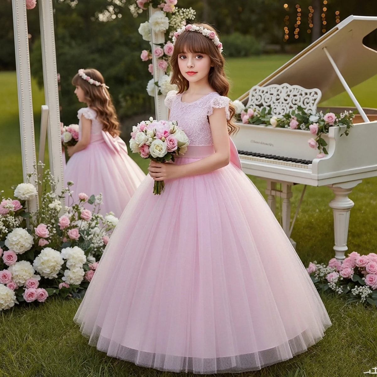 Korean Style Lace Princess Dance Big Girl Evening Dress Fashion Backless Kid Prom Birthday Dresses Flower Girl Wedding Gown