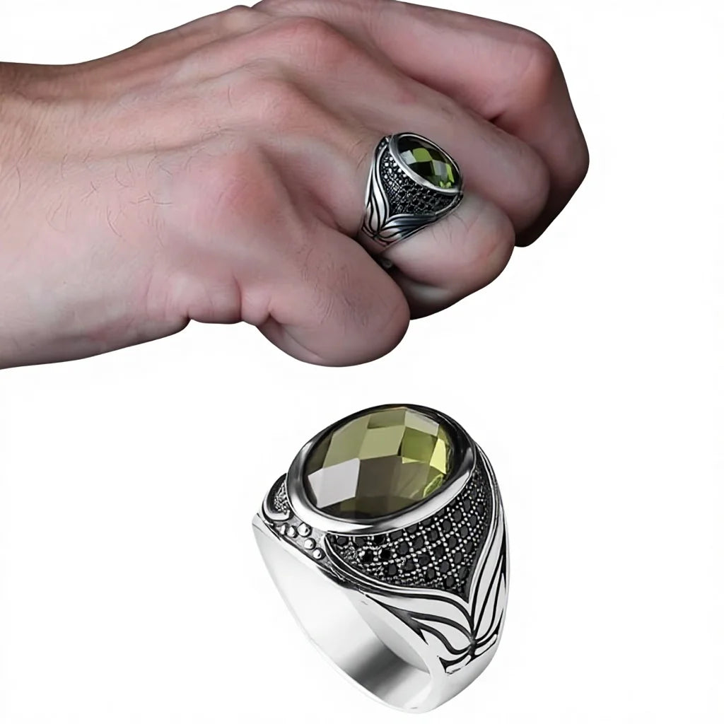 Azuris Turkish 925 Sterling Silver Men's Ring Ottoman Style Fashion Jewelry Natural Stone Black Color Handmade VALKH1419