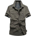 RNSHANGER New Men Summer Short Sleeved Shirts Multi Pockets High Quality Male Cotton Outdoor Casual Solid Color Male Shirts