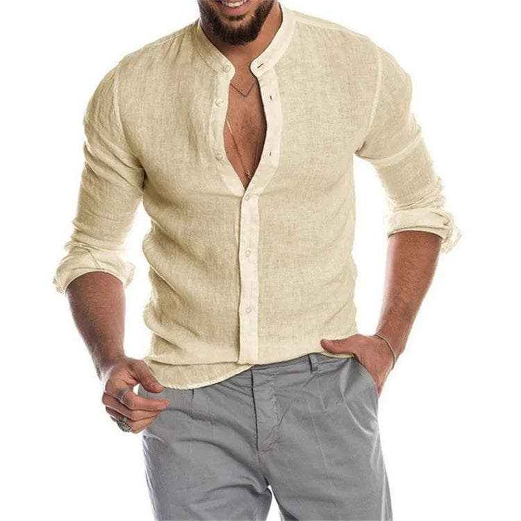 Breathable Solid Color Button Shirts for Men Standing Collar 4XL Linen Cotton Shirt