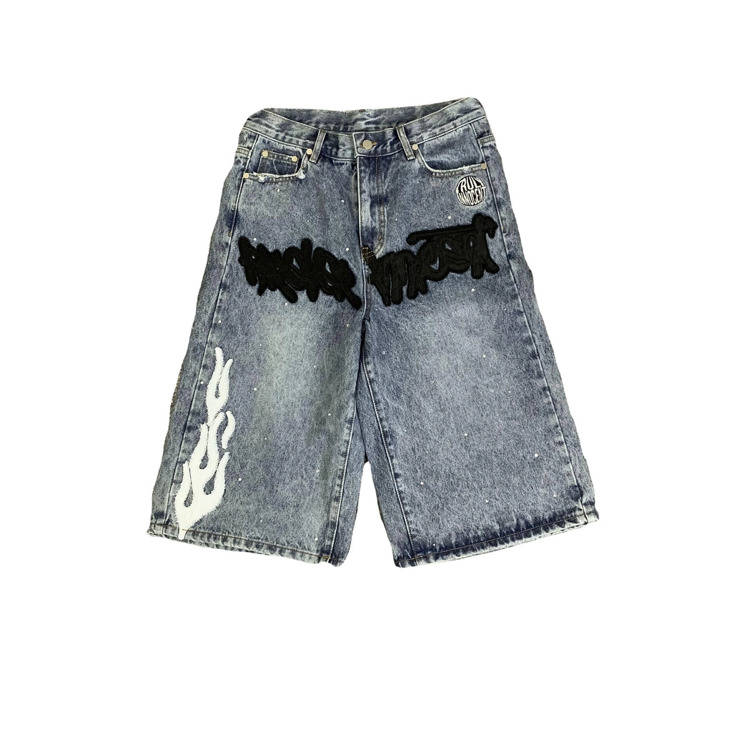 DENIMGUYS Men's Denim Shorts Custom Jorts Applique Patch Street Style Mens Loose Vintage Knee Length Jeans Shorts