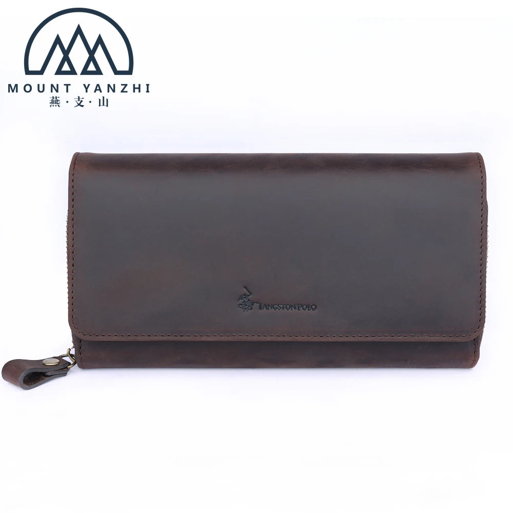 Mount Yanzhi Custom Logo National Style Large Capacity Vintage Crazy Horse Genuine Leather RFID Blocking Bifold Long Wallet Men