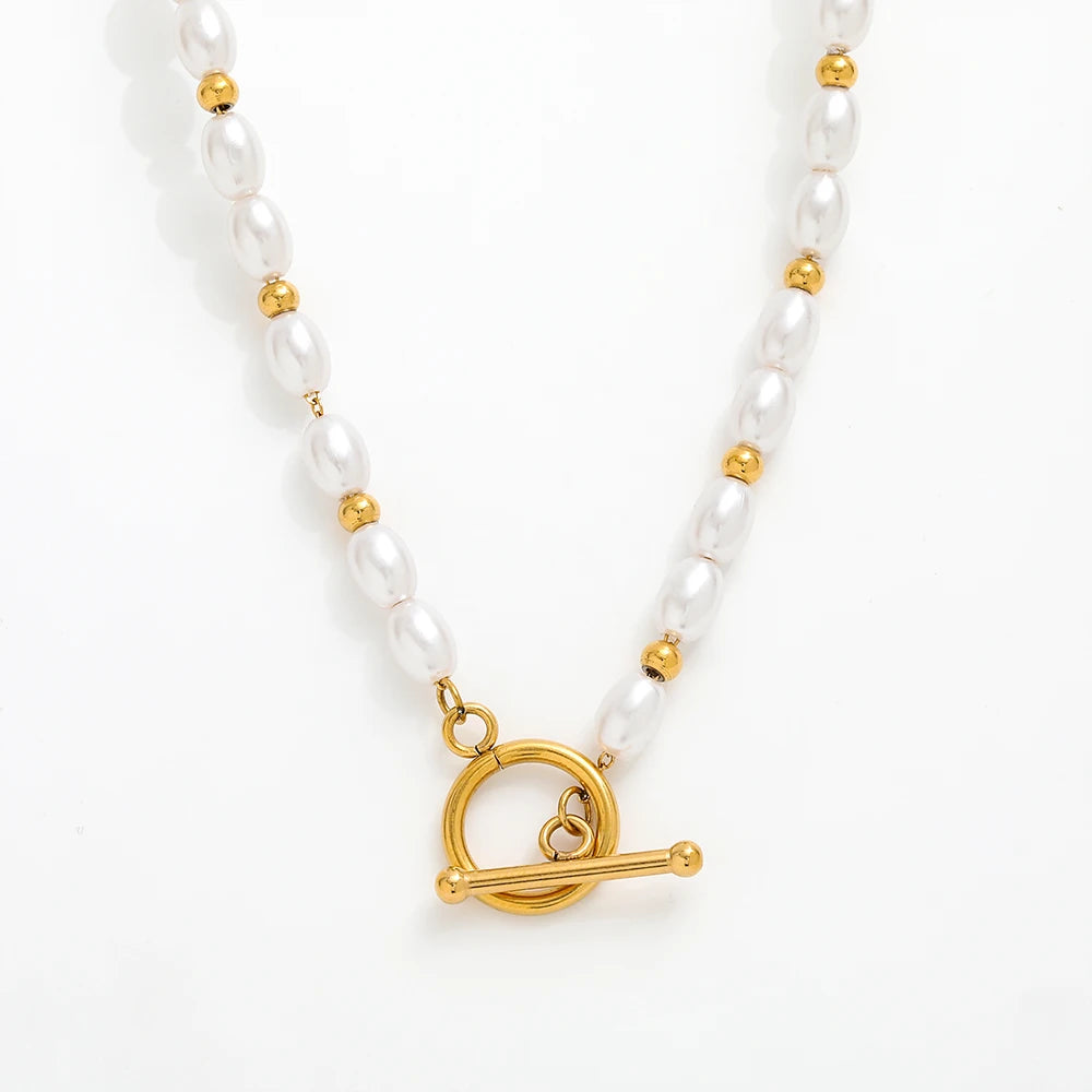 Fenny 18K Gold Plated No Fade  Dainty Rice Pearl String Chain Toggle Necklace Trend Stainless Steel Jewelry Wholesale