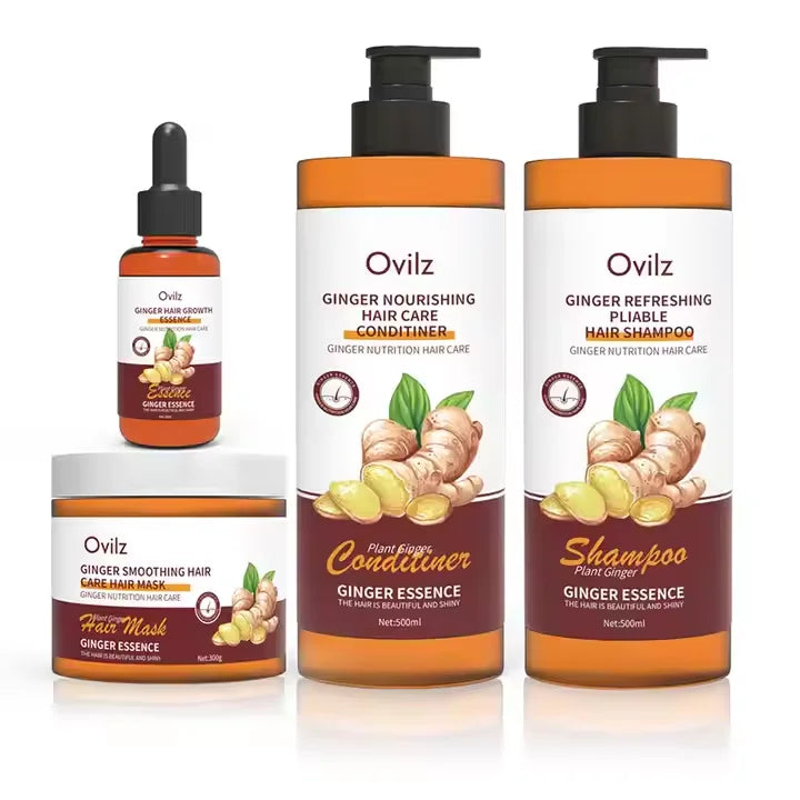 OVILZ Organic Ginger Keratin Herbal Nourishing Oil Control 2in1 Gentle Shampoo Conditioner Hair Mask Set