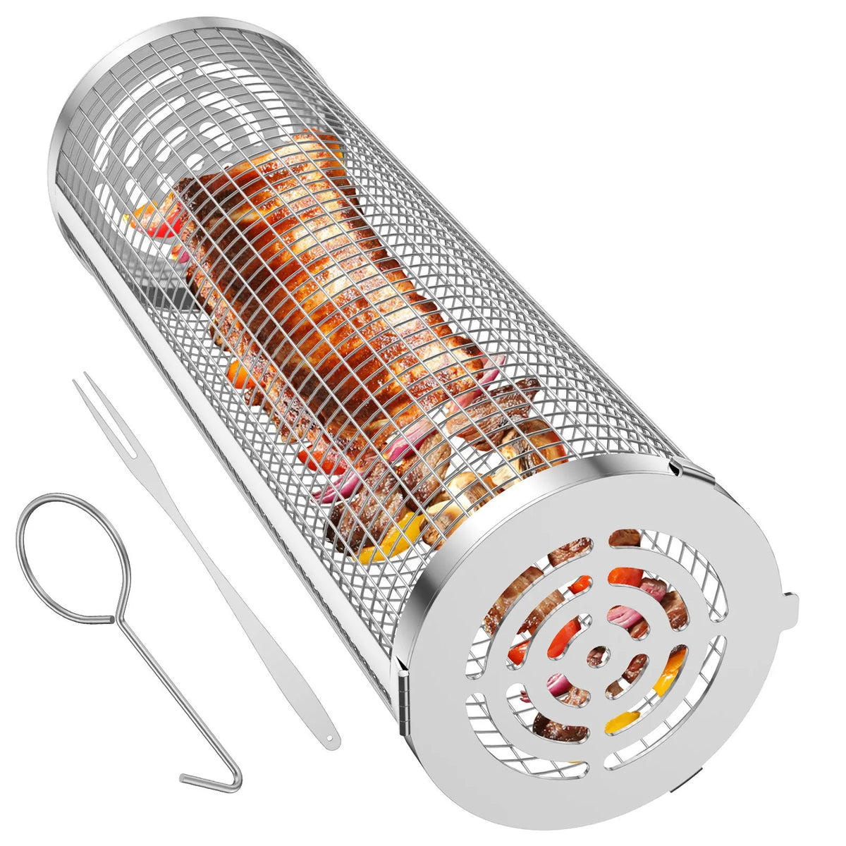 2026 Rolling Grilling Baskets Barbecue Grill Bbq Net Tube Stainless Steel Mesh Grilling Basket Cylinder for Outdoor