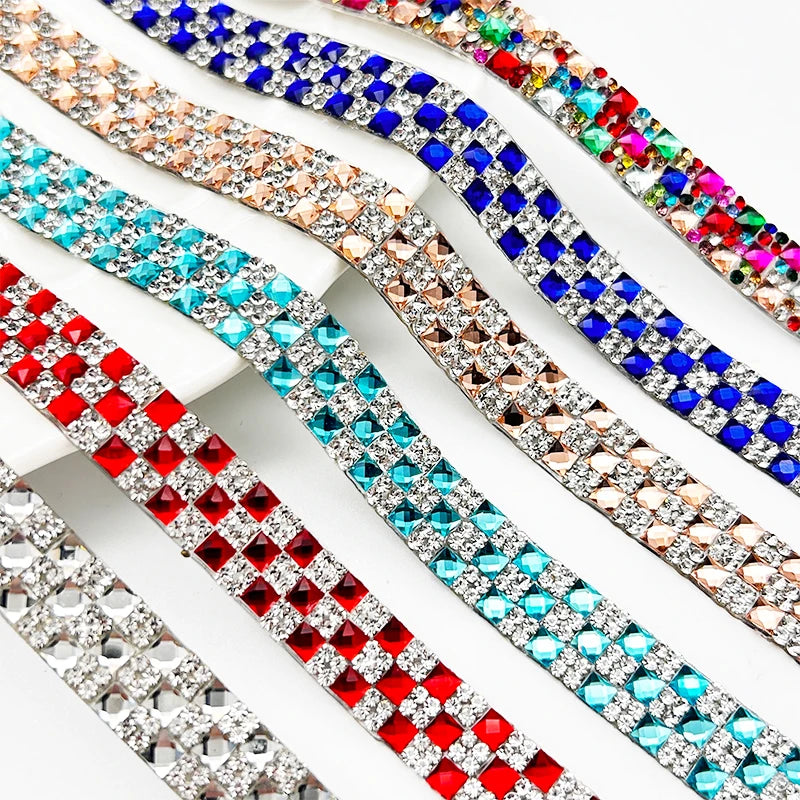 Colorful 1.2cm Width Glass Rhinestone Applique Self Adhesive Rhinestone Ribbon for Bag Shoe Decoration Hotfix Rhinestone Strips
