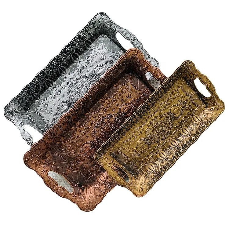PP Decorative Trays with Handle Bronze Silver Gold Snack Plate Plastic Charger Plate for Wedding