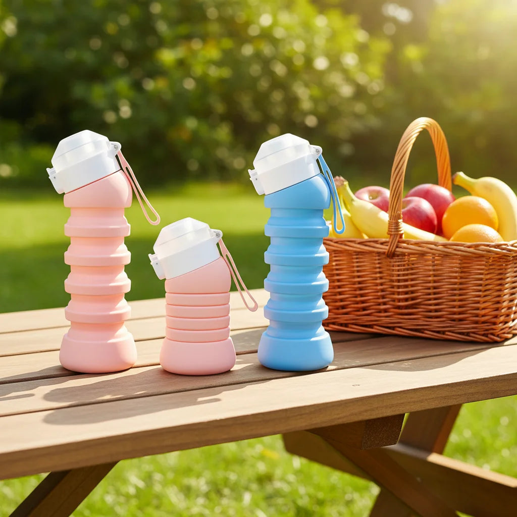 Eco-Friendly Portable Collapsible Silicone Sport Water Bottle Wholesale Slanted Design for Camping Travel Boiling Applicable