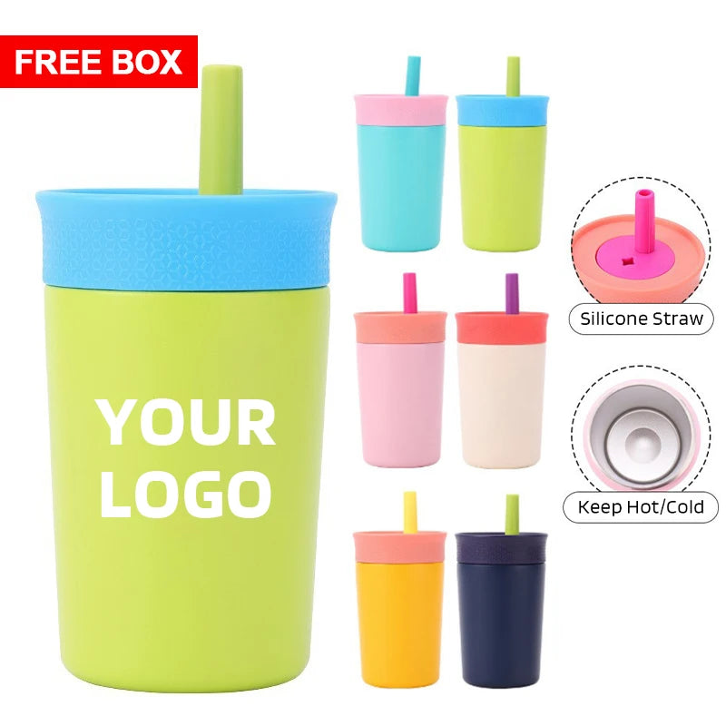 Wholesale 12oz Cute Custom Coffee Mug Cup Logo Metal Tumbler Vacuum Thermos Cups with Lids and Silicone Straws