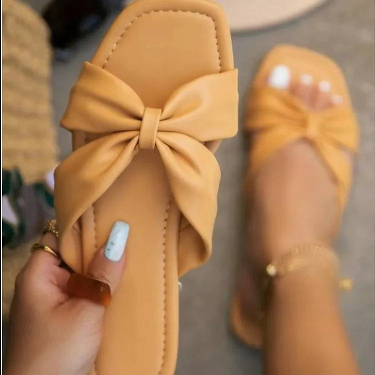 Summer New Fashion Square Head Slippers Simple Bow Flat Slippers for Women