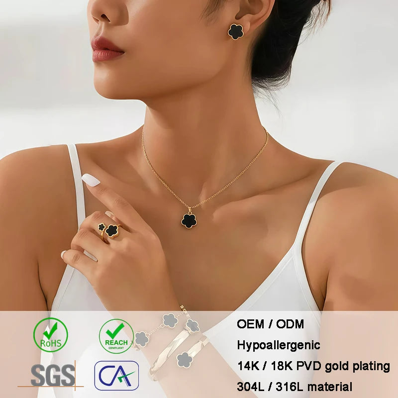 Best Selling Alloy Enamel Five-piece Charms Necklace Flower Pendant Bracelet Ring Stud Earrings Bracelet Jewelry Set for Women