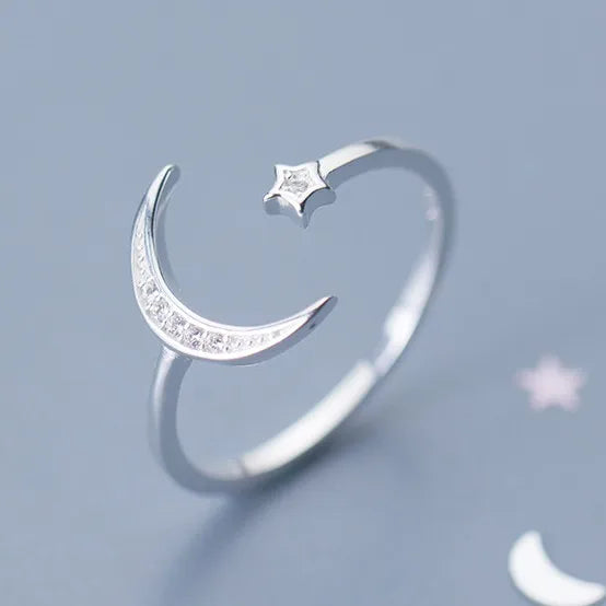 HOVANCI Luxury Minimalist Jewelry Open Cuff 925 Sterling Silver Moon Rings Micro Paved Cubic Zirconia CZ Moon Star Opening Rings