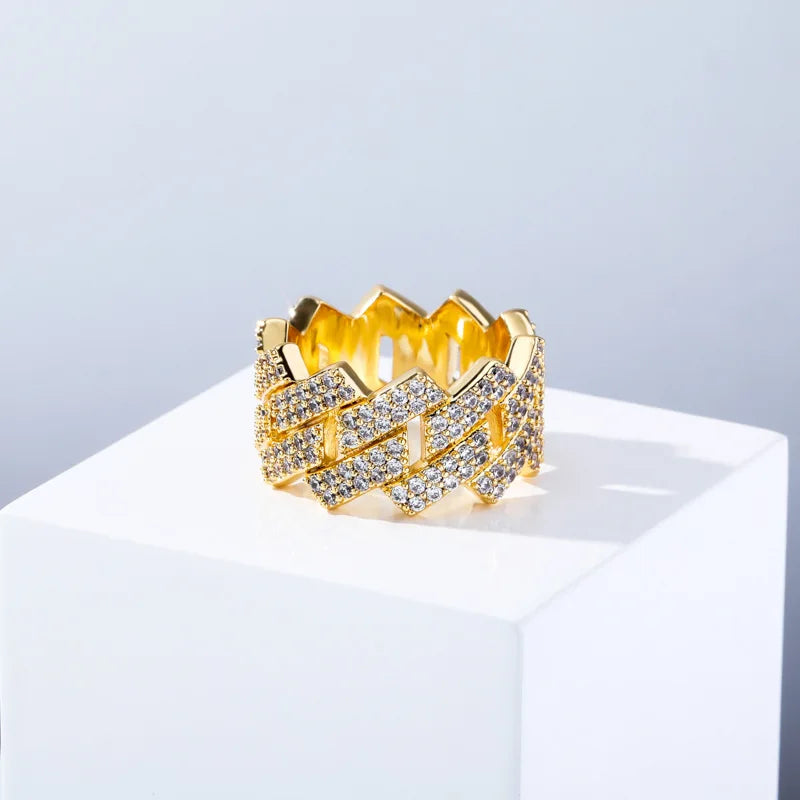 Durable 14mm Brass & 14k Gold Plated Zirconia Rhombus Cuban Ring Stylish Hip Hop Fashion Accessory