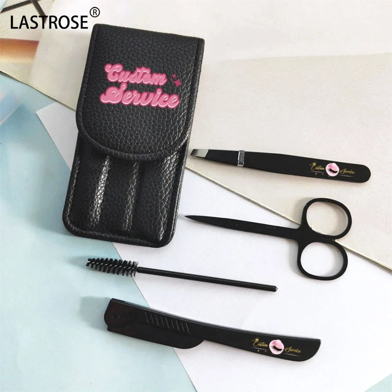 Wholesale Black 4pcs Lash Tool Sets Eyelash Applicator Private Label Eyelash Tools with Tweezer Scissor Brush Eyebrow Trimmer