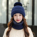 2021 Plain Imitated Mink Wool Pompom Knitted Women Winter Hat Scarf Set