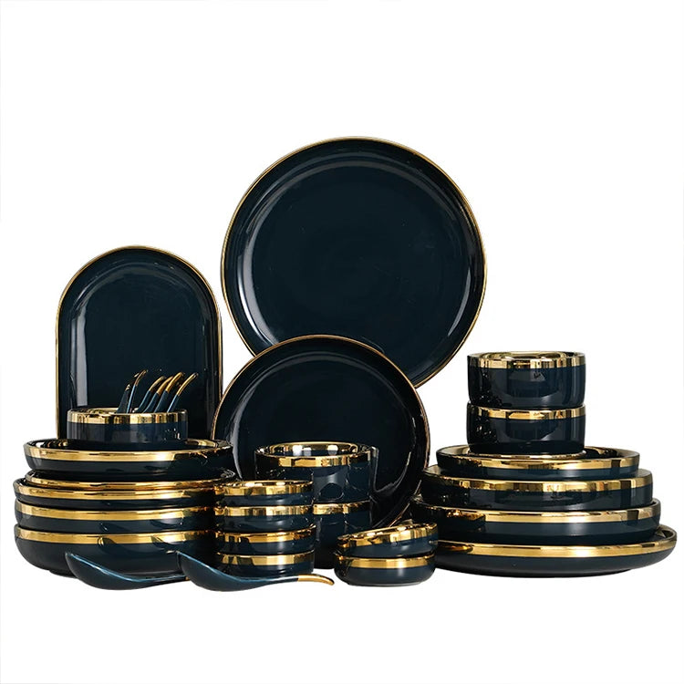 Wholesale 6 Person Used 26pcs Sets Porcelain Gold Rim Decor Dinner Ceramics Plates Sets Dinnerware