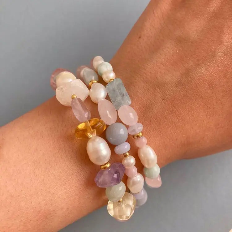 Colorful Morganite Irregular Stone Bracelet for Women Aquamarine Beaded Pearl Charm Bracelet Healing Energy Crystal Bracelet
