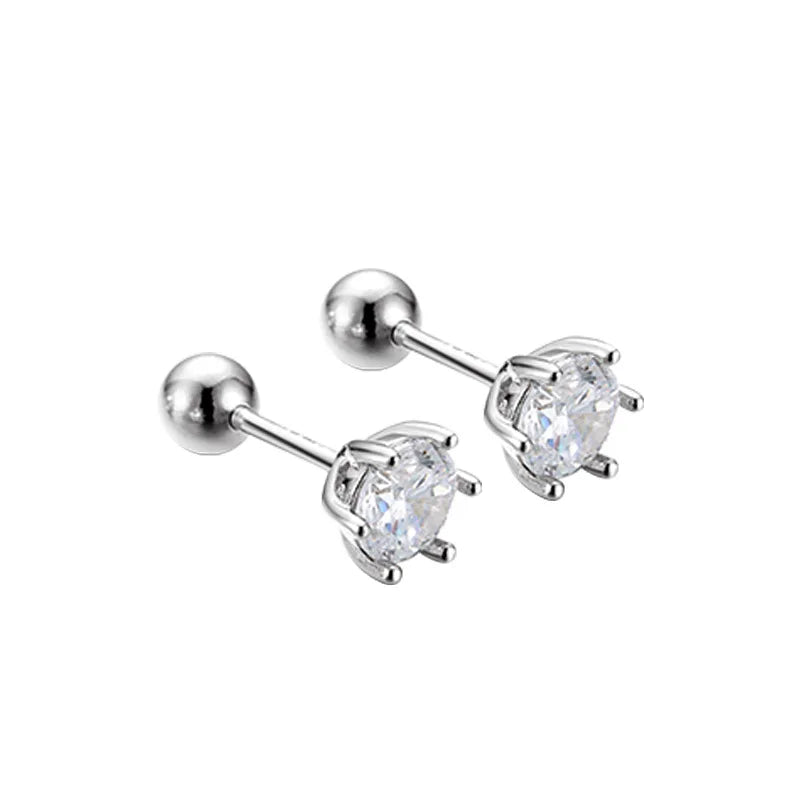 3mm 4mm 5mm 6 Claws Round Cubic 6 Prongs Screw Back 925 Sterling Silver Earrings