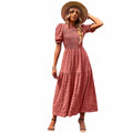 2023 Spring and Summer Ladies A-Line Dress Short-Sleeved Casual Long Vacation Dress Breathable Pleated Chiffon Solid Pattern