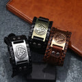 Mens Totem Rune Weave Wide Leather Wristband Triangle Embossed Bracelet Bangle