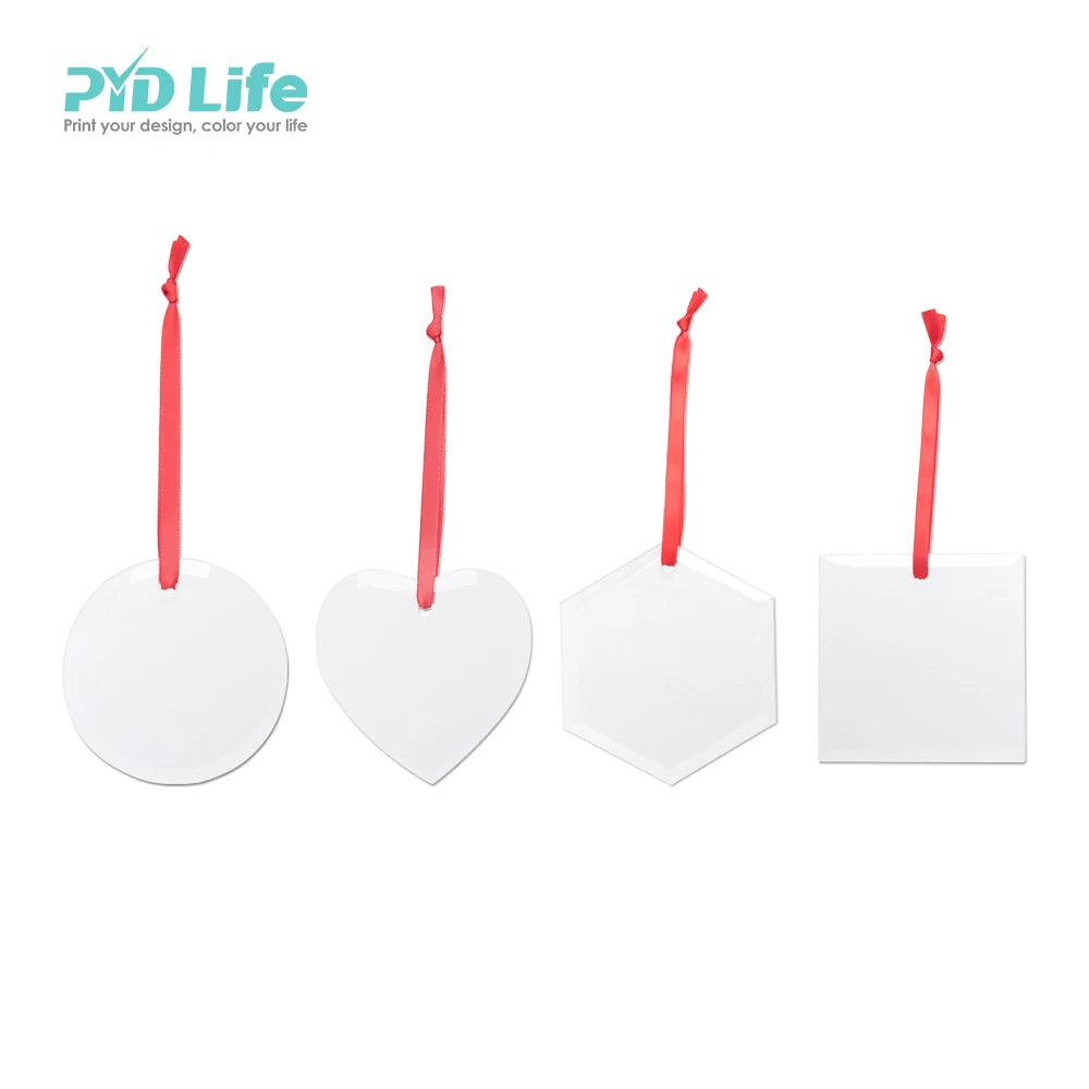 PYD Life Wholesale 240 PCS 3 Inch Glass Frosted Sublimation Blank Custom Ornaments Sublimation With Red Ribbon