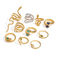 J&D Chic Cubic Stainless Steel 18K Gold Plated Open Rings Zircon Malachite Stacking Snake Rings Set
