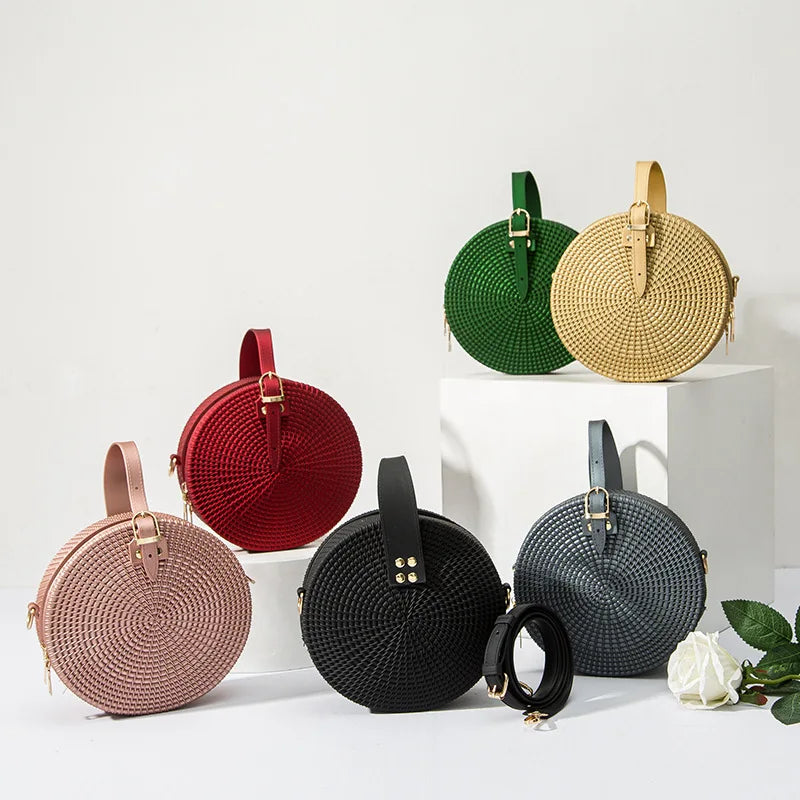 Wholesale China Pu Leather Strap Round Bohemia Beach Bali Rattan Bags