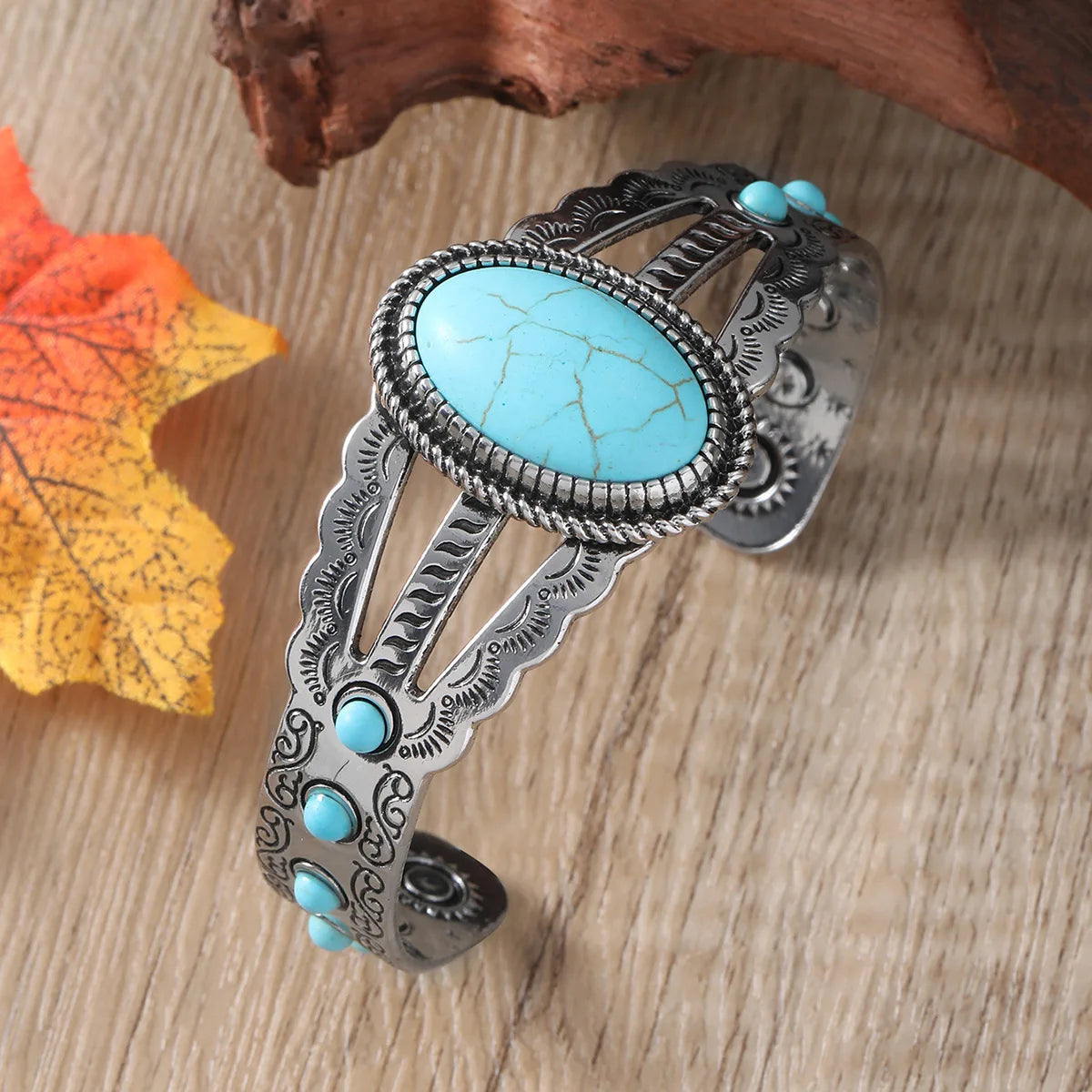 Wholesale New Arrival Retro Party Western Style Turquoise Stone Bracelet for Women Adjustable Charm Cuff Jewelry