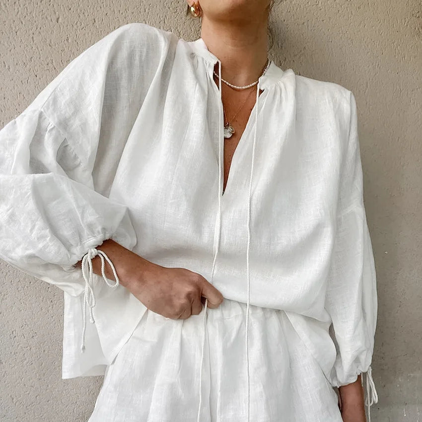 Enyami Casual Loose Cotton Linen 2 Piece Sets Women Outfit Elegant Lace up Puff Sleeve Shirt With High Waist Ruffle Shorts Set
