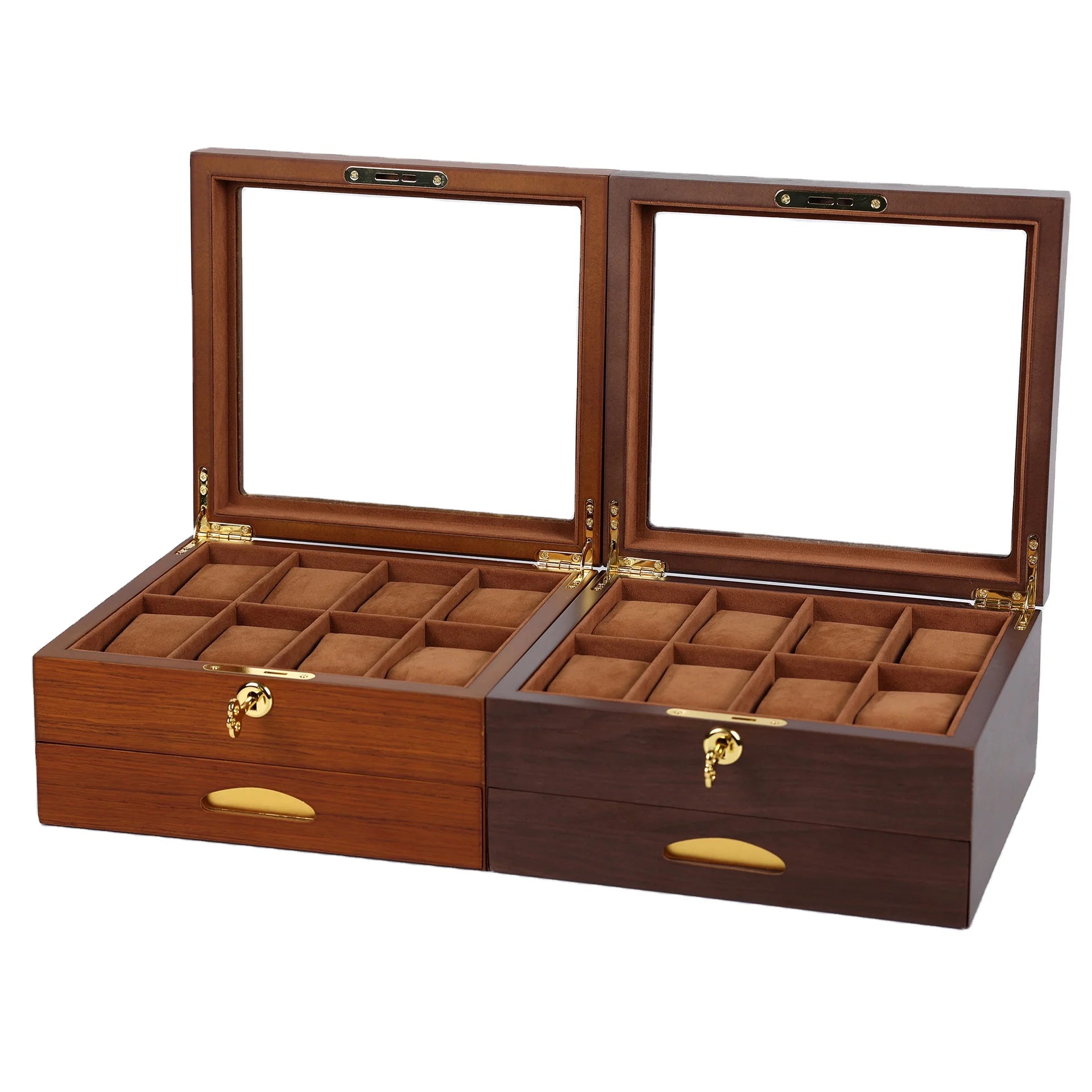 Luxury Wood Lacquered Walnut Teak Veneer Watch Jewelry Glasses Display Storage Box Organizer With Drawer
