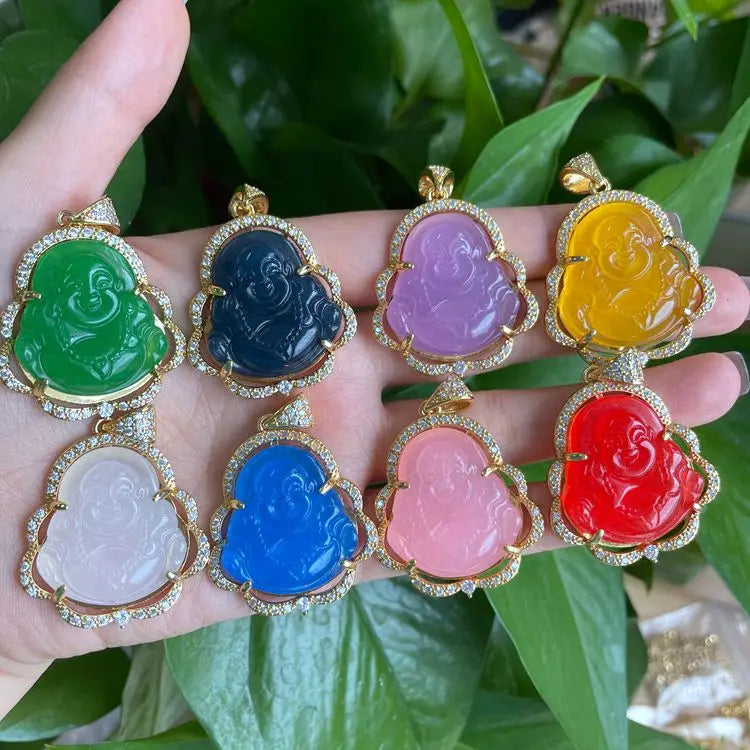 HipHop Laughing Smile Buddha Pendant Gold Jade Maitreya Pendant Necklace for Women Men