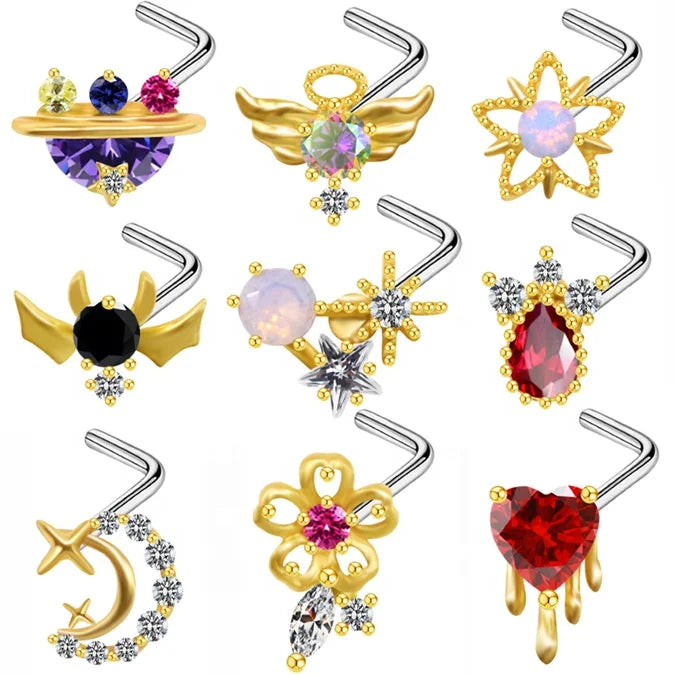 Gaby New Arrival Stainless Steel Designer Nose Rings Zircon Embellished Heart-Design Body Piercing Jewelry for Weddings