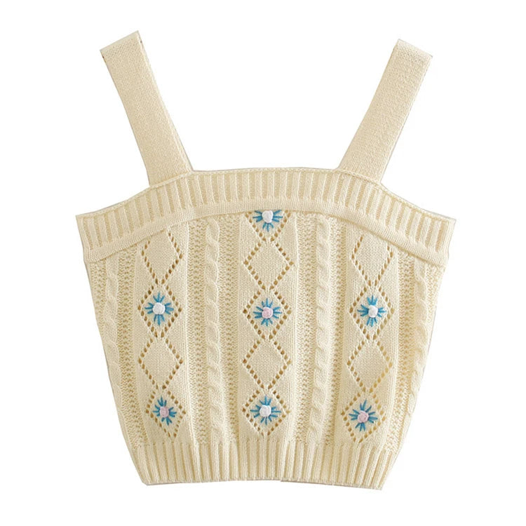 2024 Women's Summer Knitted Vest Cool Fashion Sleeveless Sweater Embroidered Flower Design Customizable
