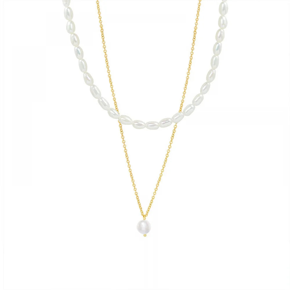 Double Layer Gold Chain Necklace Waterproof Tarnish Free Fesh Water Pearl Pendant Necklace