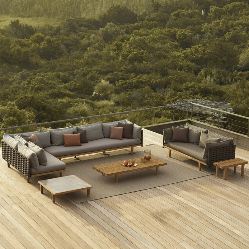 Outdoor Sofa Solid Wood Waterproof Rattan Chair Outdoor Balcony Garden Pool Leisure Sofa Chair Table Rattan Woven