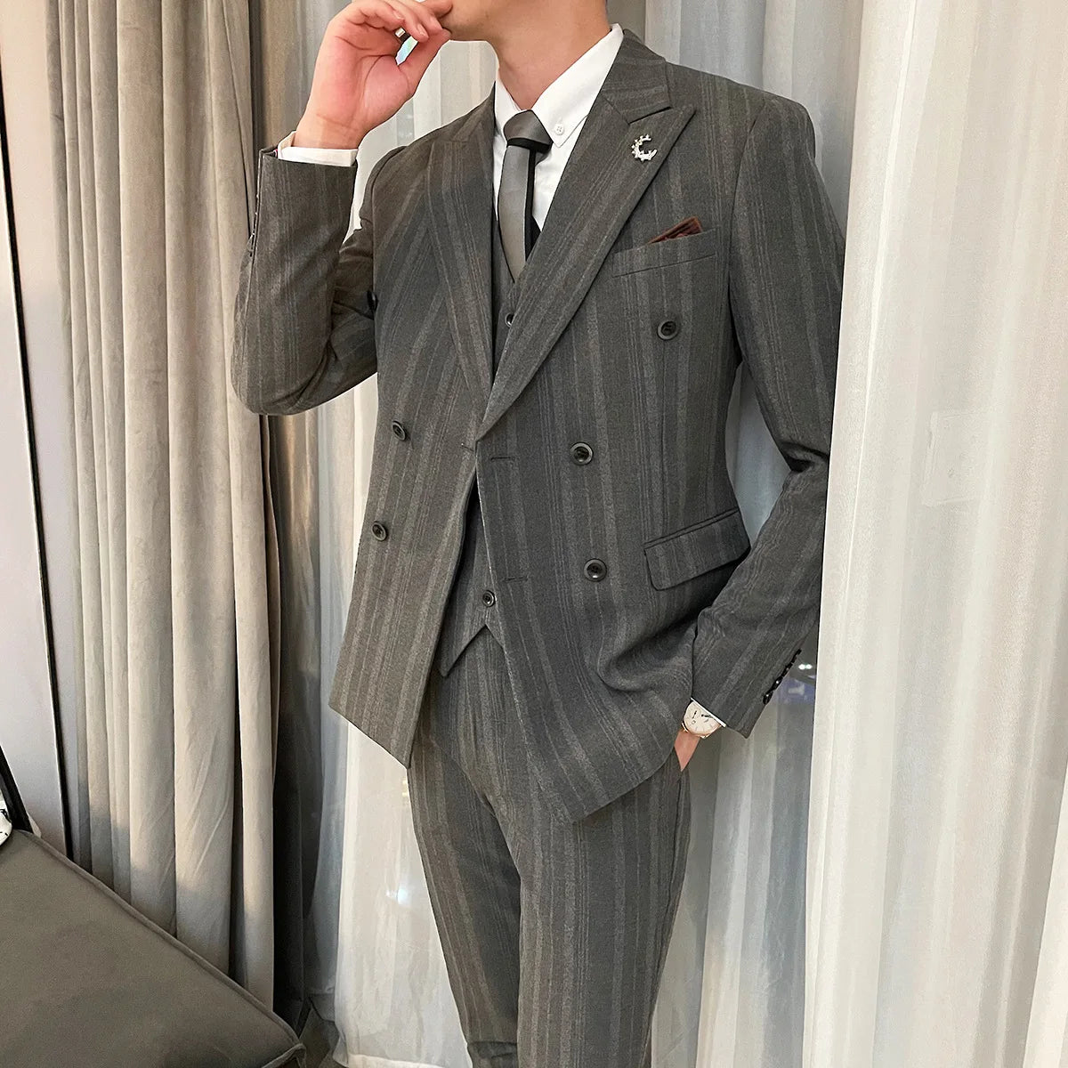 High Quality Men's Suit Business Double Breasted Striped Slim Fit Comfortable Breathable Three Piece Suit